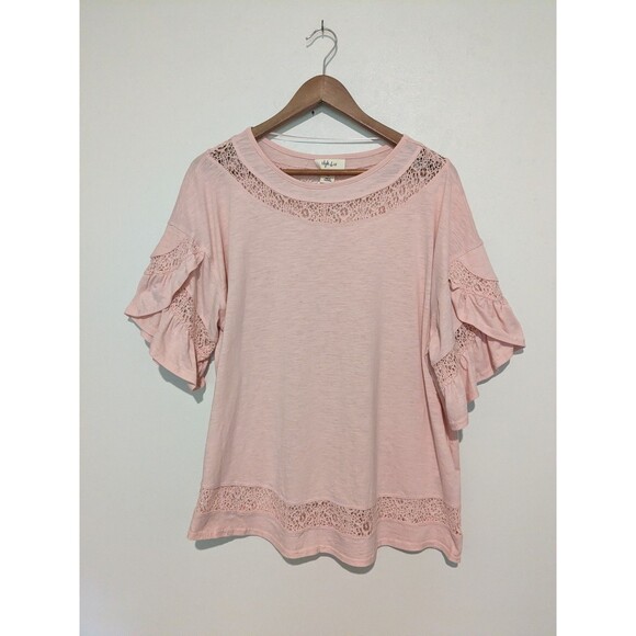 Style & Co Pink Knit Tulip Sleeve Lace Inset Blouse Top M - Picture 2 of 5